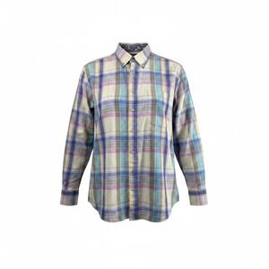 Alan Flusser Mens XL Plaid Button Down Shirt Blue Purple Yellow Paisley Trim L/S